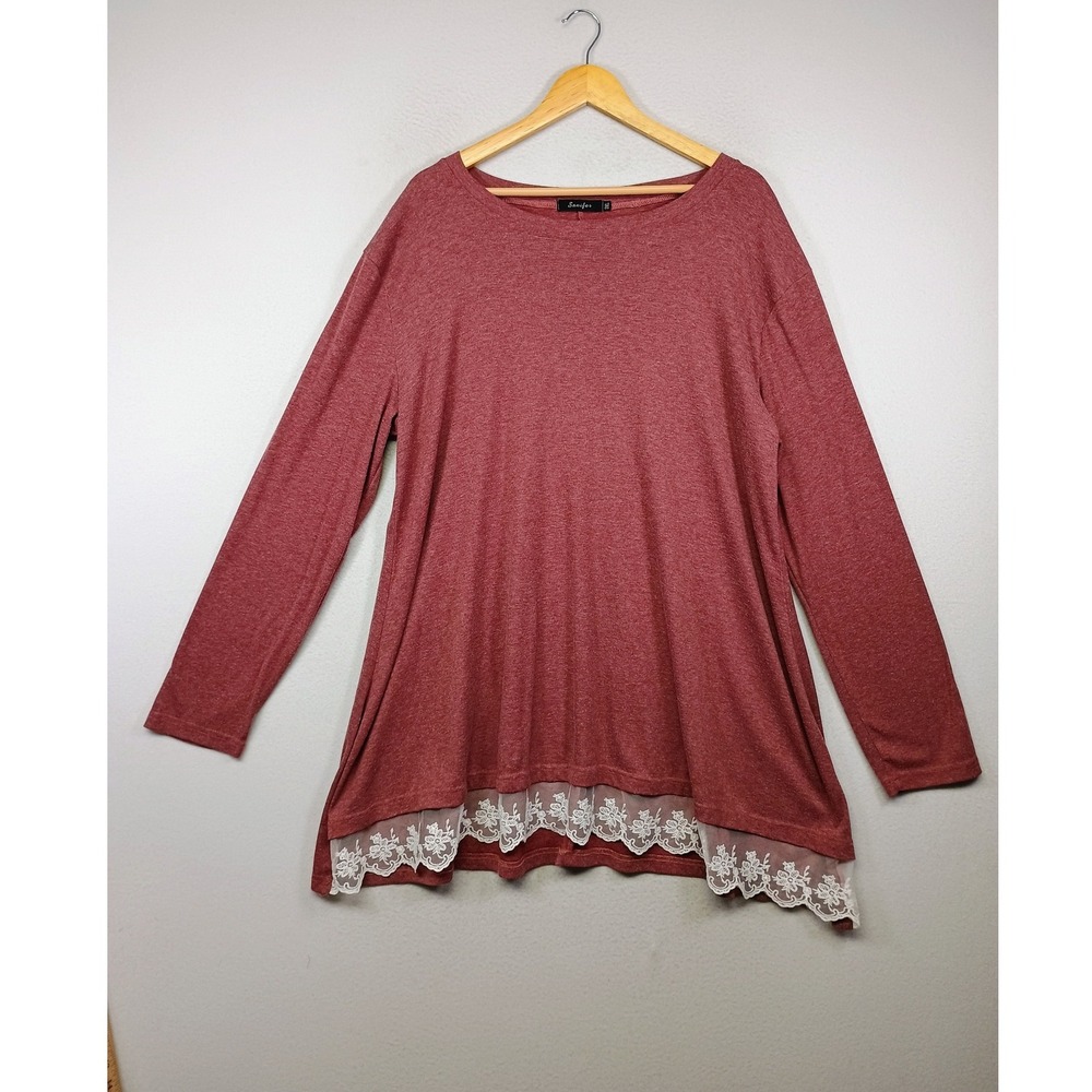 Boho Romantic Sanifer Women 3XL Rose Red Lace Trim Layered Long Sleeve Tunic Top